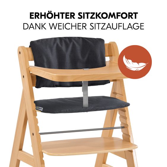 Hauck 5-tlg. Alpha Move Sparset - Hochstuhl + Essbrett + Sitzkissen Deluxe Melange Charcoal + 2x Silikonteller - Natur