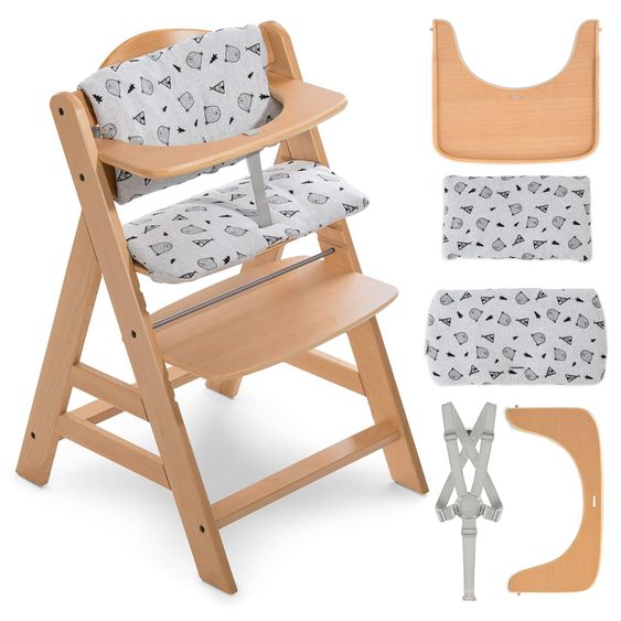 Hauck Highchair Alpha Nature - in a savings set incl. wooden dining board and Nordic Grey seat cushion