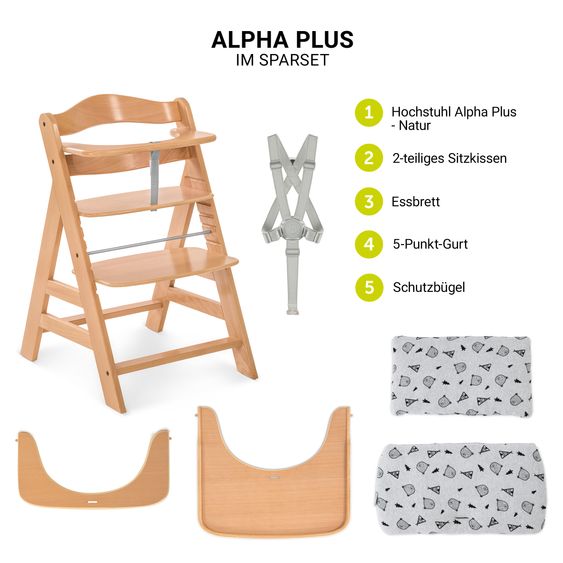 Hauck Highchair Alpha Nature - in a savings set incl. wooden dining board and Nordic Grey seat cushion