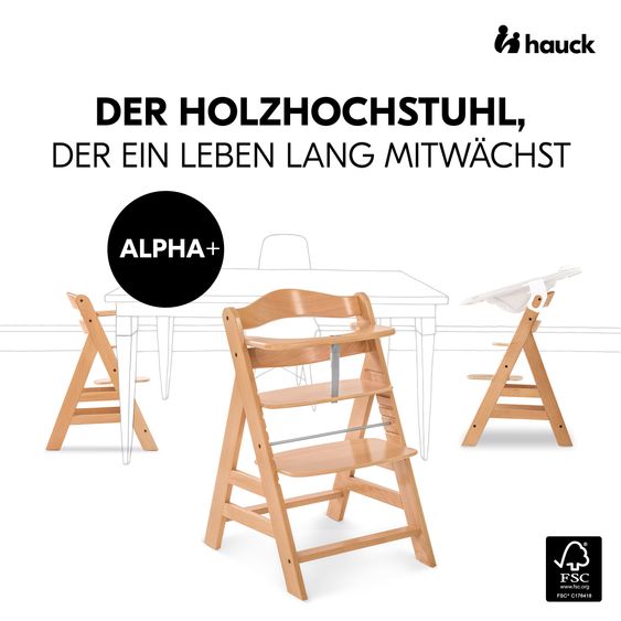 Hauck Highchair Alpha Nature - in a savings set incl. wooden dining board and Nordic Grey seat cushion