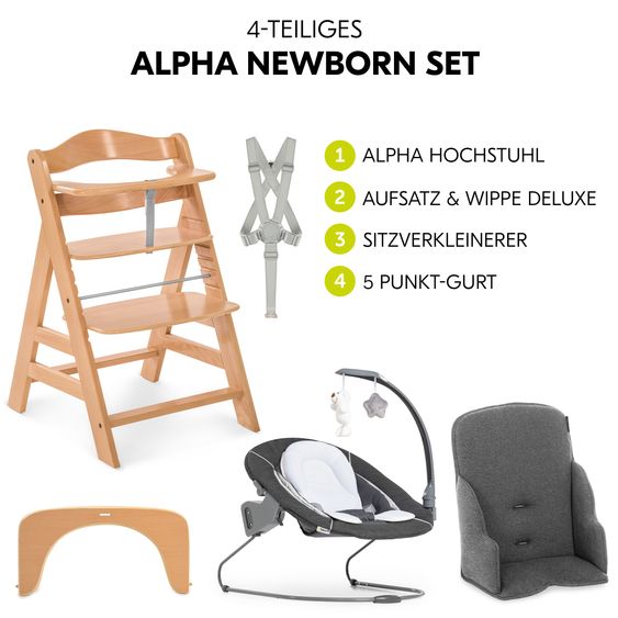 Hauck Hochstuhl Alpha Plus 4-tlg. Newborn Set - inkl. 2in1 Babyaufsatz & Wippe Deluxe + Sitzverkleinerer - Natur
