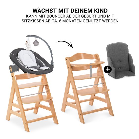 Hauck Hochstuhl Alpha Plus 4-tlg. Newborn Set - inkl. 2in1 Babyaufsatz & Wippe Deluxe + Sitzverkleinerer - Natur