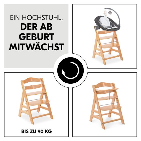 Hauck Hochstuhl Alpha Plus 4-tlg. Newborn Set - inkl. 2in1 Babyaufsatz & Wippe Deluxe + Sitzverkleinerer - Natur