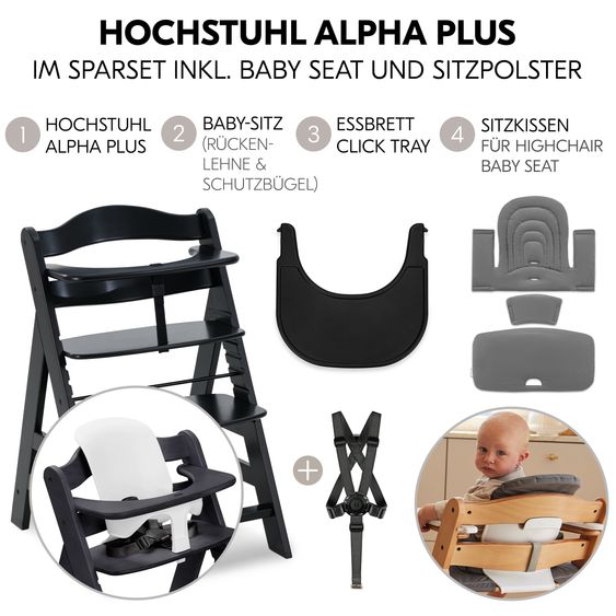 Hauck Hochstuhl Alpha Plus Black - im Sparset inkl. Baby Seat + Baby Seatpad + Click Tray