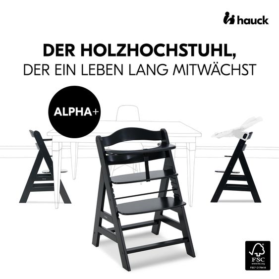 Hauck Hochstuhl Alpha Plus Black - im Sparset inkl. Click Tray und Sitzkissen