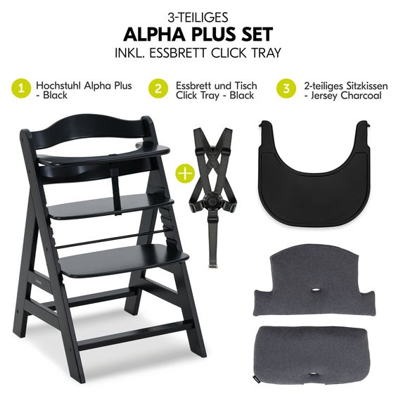 Hauck Hochstuhl Alpha Plus Black - im Sparset inkl. Essbrett Click Tray und Sitzkissen - Jersey Charcoal