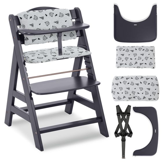 Hauck Hochstuhl Alpha Plus Dark Grey Select - im Sparset inkl. Holz-Essbrett und Sitzkissen - Nordic Grey