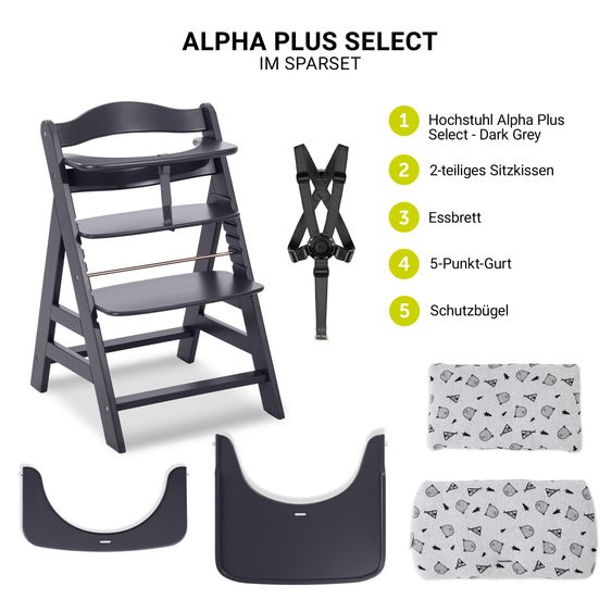 Hauck Hochstuhl Alpha Plus Dark Grey Select - im Sparset inkl. Holz-Essbrett und Sitzkissen - Nordic Grey