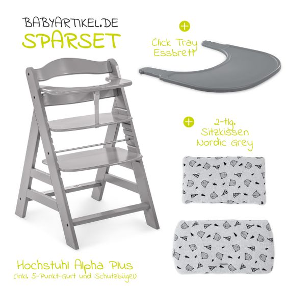 Hauck Hochstuhl Alpha Plus Grey - im Sparset inkl. Essbrett Click Tray + Sitzkissen Nordic Grey