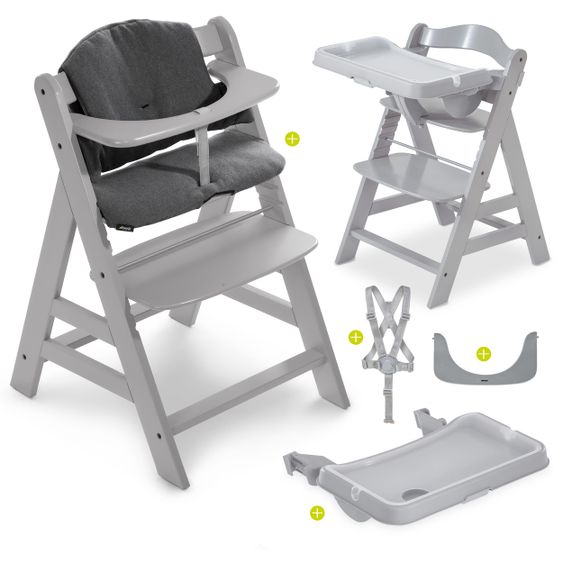 Hauck Seggiolone Alpha Plus Grey in set economico con cuscino per la seduta e tavoletta da pranzo Alpha Tray Grey