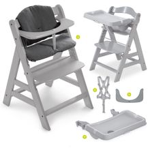 Seggiolone Alpha Plus Grey in set economico con cuscino per la seduta e tavoletta da pranzo Alpha Tray Grey