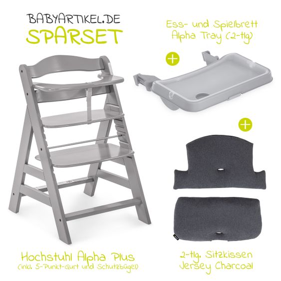 Hauck Highchair Alpha Plus Grey in economy set incl. seat cushion and dining board Alpha Tray Grey