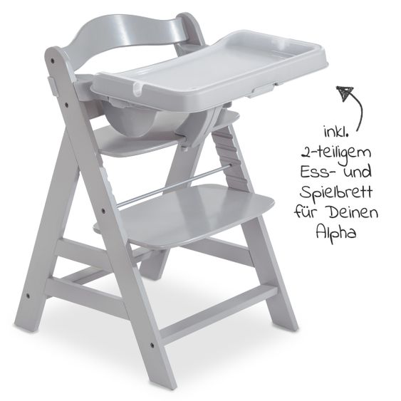 Hauck Highchair Alpha Plus Grey in economy set incl. seat cushion and dining board Alpha Tray Grey