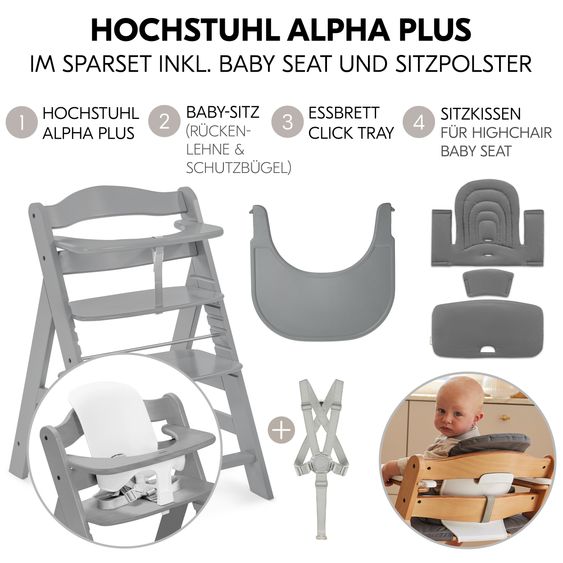 Hauck Hochstuhl Alpha Plus Grey - im Sparset inkl. Baby Seat + Baby Seatpad + Click Tray