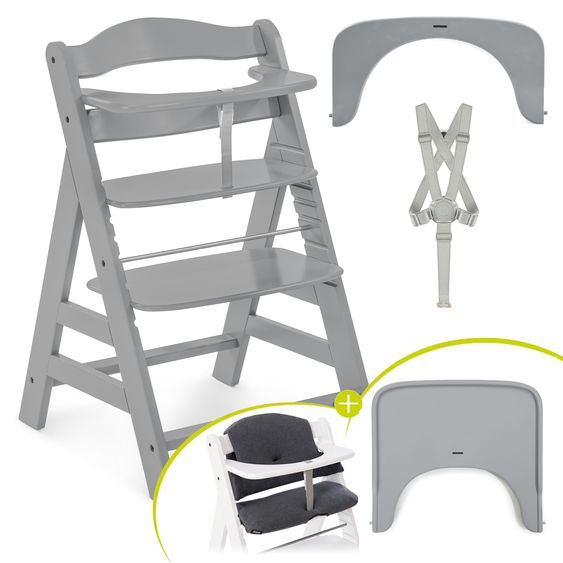Hauck Hochstuhl Alpha Plus Grey - im Sparset inkl. Essbrett Wooden Tray + Sitzkissen Jersey Charcoal