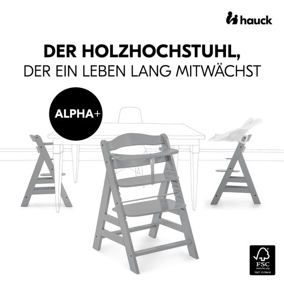 Hauck Hochstuhl Alpha Plus Grey - im Sparset inkl. Essbrett Wooden Tray + Sitzkissen Jersey Charcoal