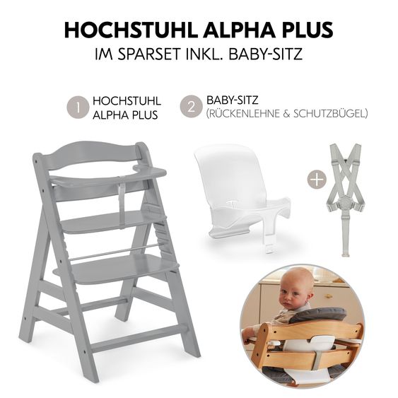 Hauck Hochstuhl Alpha Plus - im Sparset inkl. Baby Seat - Grey