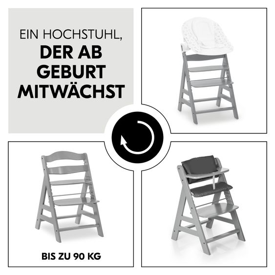 Hauck Hochstuhl Alpha Plus - im Sparset inkl. Sitzkissen Deluxe in Grau - Grey