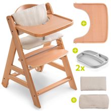 Hochstuhl Alpha Move Natur - im Sparset inkl. Essbrett, Sitzkissen Deluxe Beige und 2x Silikonteller