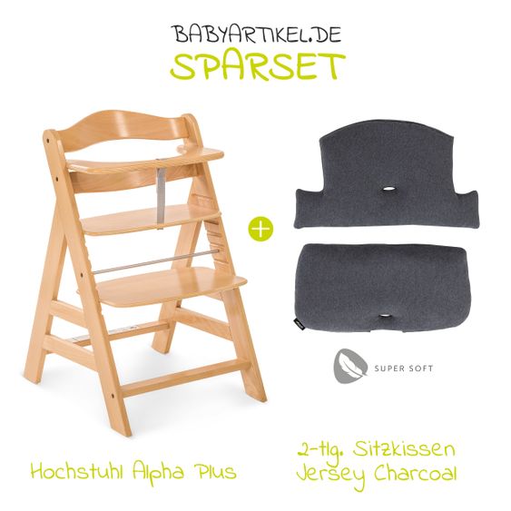 Hauck High chair Alpha Plus Nature - in economy set incl. seat cushion Jersey Charcoal