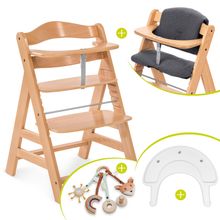 Hochstuhl Alpha Plus Natur im Sparset - inkl. Sitzkissen + Play Tray Basis + Spielring Play Catching mit 3 Stoff-Figuren