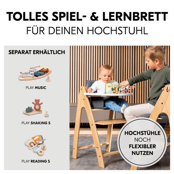 Hauck Hochstuhl Alpha Plus Natur im Sparset - inkl. Sitzkissen + Play Tray Basis + Spielring Play Catching mit 3 Stoff-Figuren