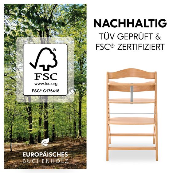 Hauck Hochstuhl Alpha Plus Natur im Sparset - inkl. Sitzkissen + Play Tray Basis + Spielring Play Catching mit 3 Stoff-Figuren