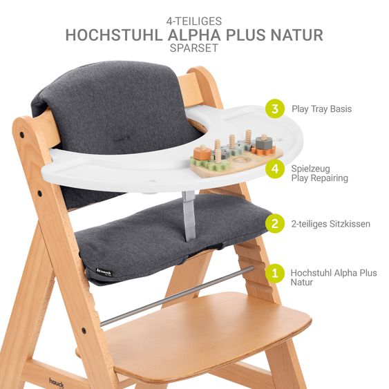 Hauck Hochstuhl Alpha Plus Natur im Sparset - inkl. Sitzkissen + Play Tray Basis + Spielzeug Play Repairing mit Zahnrädern & Muttern