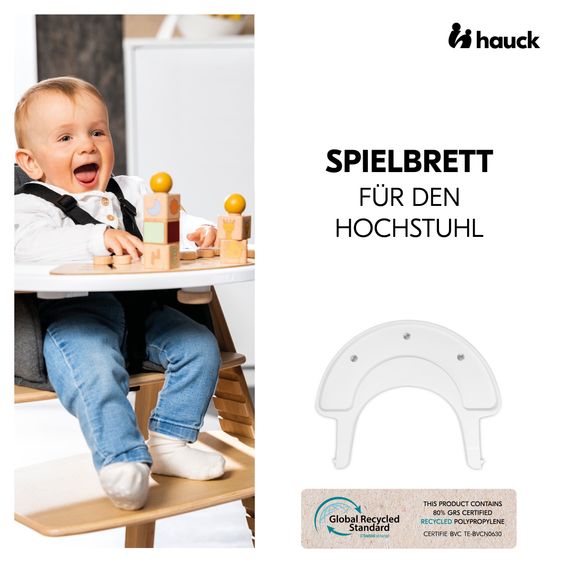 Hauck Hochstuhl Alpha Plus Natur im Sparset - inkl. Sitzkissen + Play Tray Basis + Spielzeug Play Repairing mit Zahnrädern & Muttern