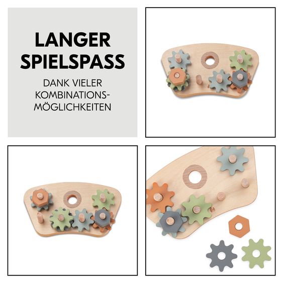 Hauck Hochstuhl Alpha Plus Natur im Sparset - inkl. Sitzkissen + Play Tray Basis + Spielzeug Play Repairing mit Zahnrädern & Muttern