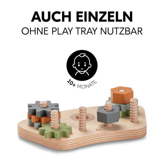 Hauck Hochstuhl Alpha Plus Natur im Sparset - inkl. Sitzkissen + Play Tray Basis + Spielzeug Play Repairing mit Zahnrädern & Muttern