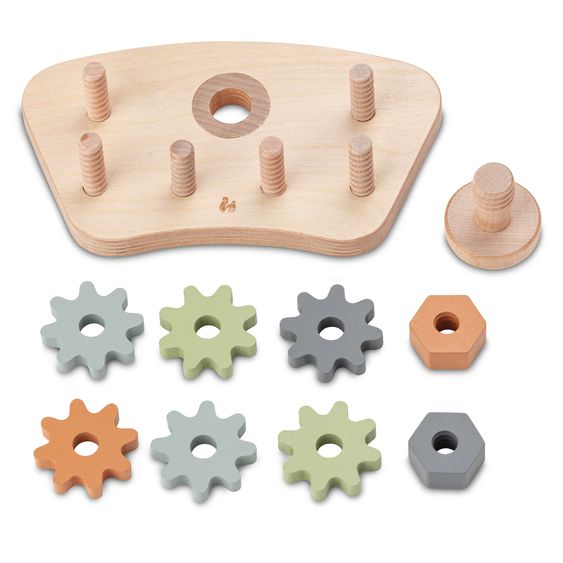 Hauck Hochstuhl Alpha Plus Natur im Sparset - inkl. Sitzkissen + Play Tray Basis + Spielzeug Play Repairing mit Zahnrädern & Muttern