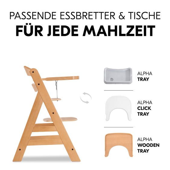 Hauck Hochstuhl Alpha Plus Natur im Sparset - inkl. Sitzkissen + Play Tray Basis + Spielzeug Play Repairing mit Zahnrädern & Muttern