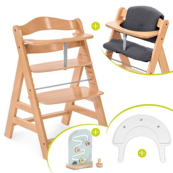 Hauck Alpha Plus natural high chair in economy set - incl. seat cushion + Play Tray base + Play Planting toy with Flowers motor activity board