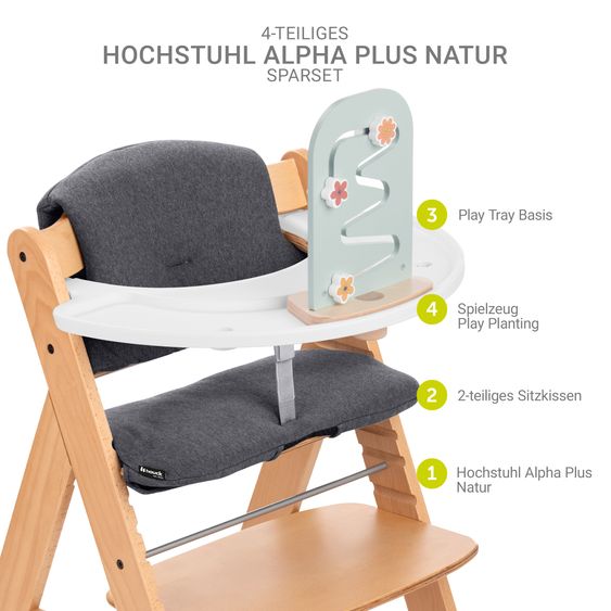 Hauck Hochstuhl Alpha Plus Natur im Sparset - inkl. Sitzkissen + Play Tray Basis + Spielzeug Play Planting mit Motorikbrett Flowers