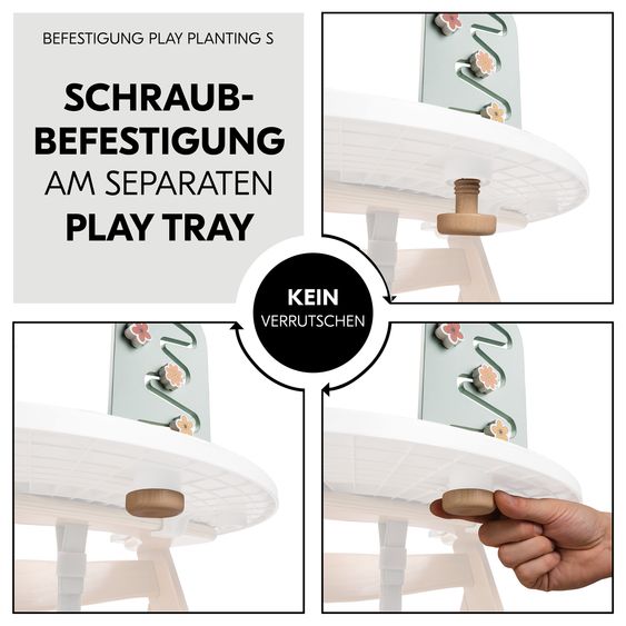 Hauck Hochstuhl Alpha Plus Natur im Sparset - inkl. Sitzkissen + Play Tray Basis + Spielzeug Play Planting mit Motorikbrett Flowers