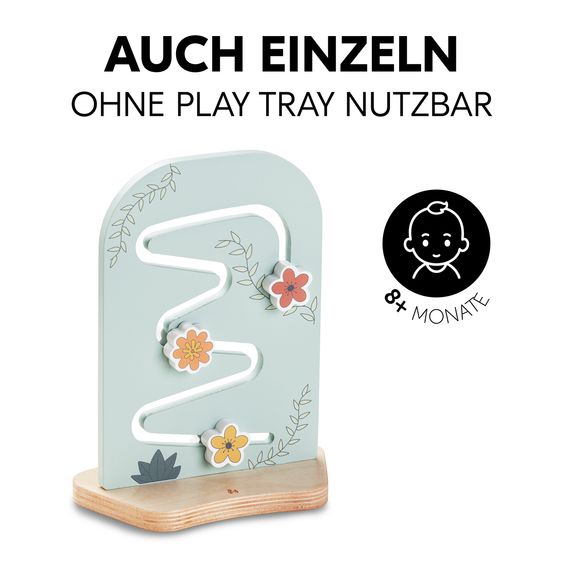 Hauck Hochstuhl Alpha Plus Natur im Sparset - inkl. Sitzkissen + Play Tray Basis + Spielzeug Play Planting mit Motorikbrett Flowers