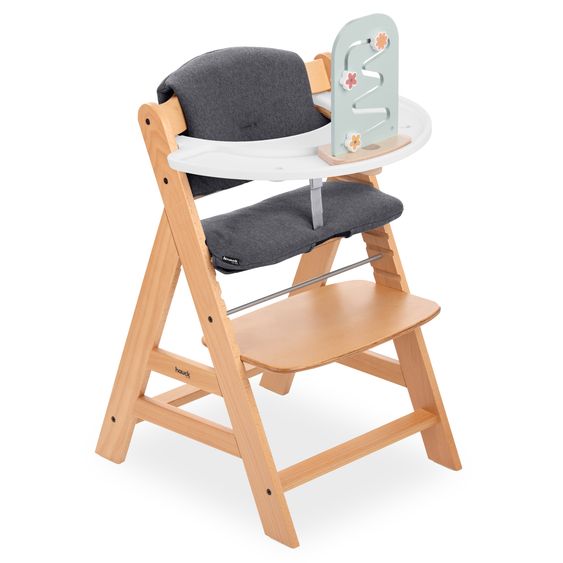 Hauck Alpha Plus natural high chair in economy set - incl. seat cushion + Play Tray base + Play Planting toy with Flowers motor activity board