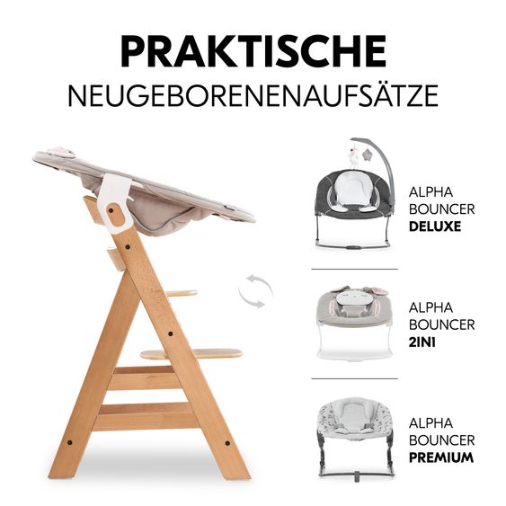 Hauck Alpha Plus natural high chair in economy set - incl. seat cushion + Play Tray base + Play Planting toy with Flowers motor activity board