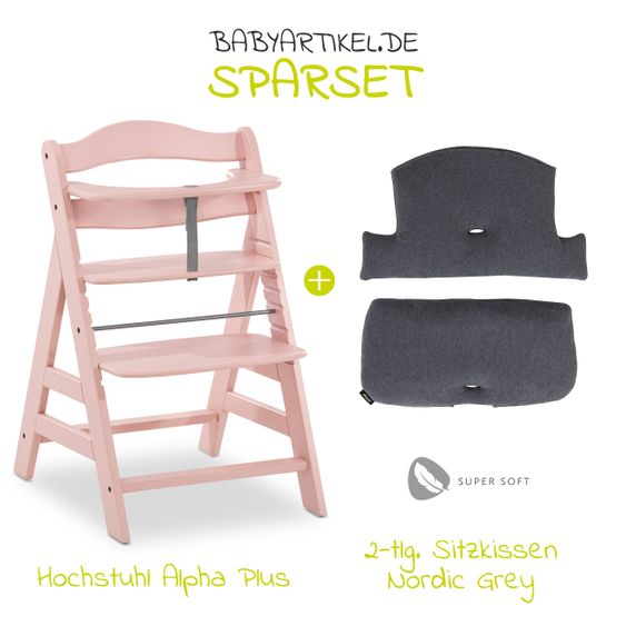 Hauck Hochstuhl Alpha Plus Rose - im Sparset inkl. Sitzkissen Jersey Charcoal - Rosa