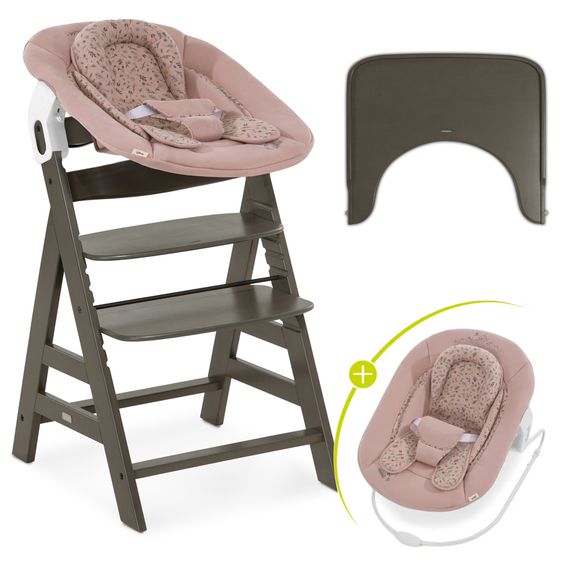 Hauck Hochstuhl Alpha Plus Select 4-tlg. Newborn Set - inkl. 2in1 Babyaufsatz & Wippe Disney Bambi Rose + Essbrett - Charcoal