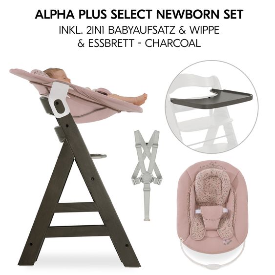 Hauck Hochstuhl Alpha Plus Select 4-tlg. Newborn Set - inkl. 2in1 Babyaufsatz & Wippe Disney Bambi Rose + Essbrett - Charcoal