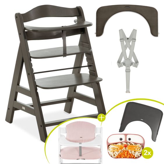 Hauck Hochstuhl Alpha Plus Select Charcoal Hochstuhl Alpha Plus Select Charcoal - im Sparset inkl. Sitzkissen Muslin Mineral Rose + Essbrett + 2 Silikonteller