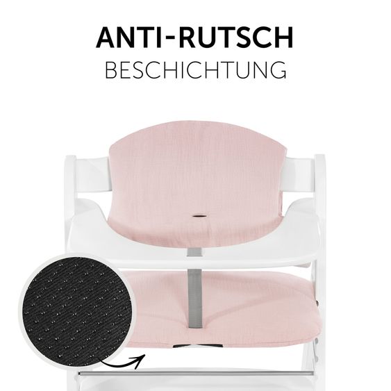 Hauck Hochstuhl Alpha Plus Select Charcoal Hochstuhl Alpha Plus Select Charcoal - im Sparset inkl. Sitzkissen Muslin Mineral Rose + Essbrett + 2 Silikonteller
