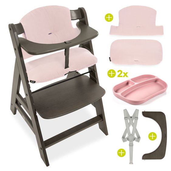 Hauck Highchair Alpha Plus Select Charcoal - in a savings set incl. seat cushion Muslin Mineral Rose + 2 silicone plates