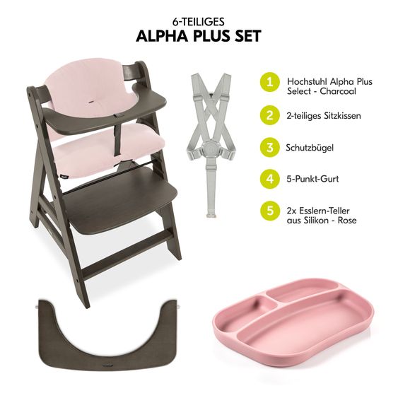 Hauck Highchair Alpha Plus Select Charcoal - in a savings set incl. seat cushion Muslin Mineral Rose + 2 silicone plates