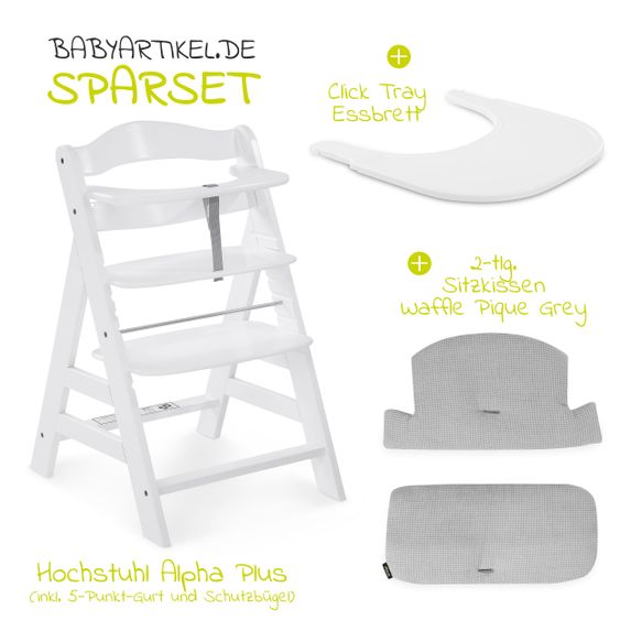 Hauck High chair Alpha Plus White - in economy set incl. dining board Click Tray and seat cushion Waffle Pique Grey