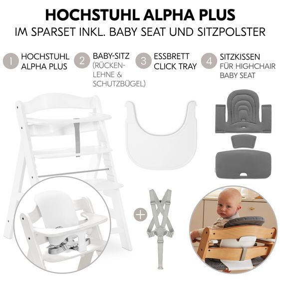 Hauck Seggiolone Alpha Plus Bianco - in set economico con seggiolino + cuscino + vassoio Click