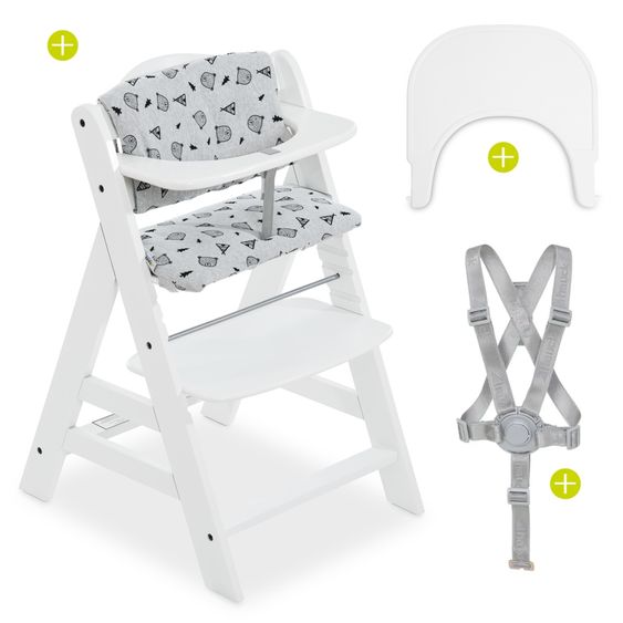 Hauck Seggiolone Alpha Plus White - in un set di risparmio con tavoletta da pranzo Click Tray + cuscino di seduta Nordic Grey