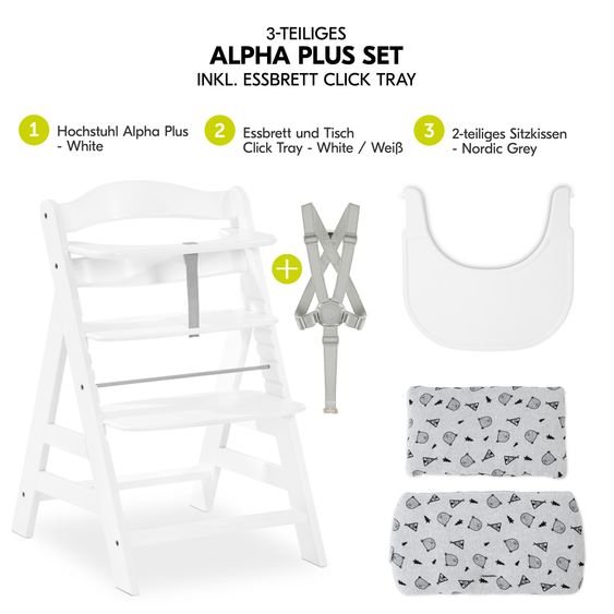 Hauck Seggiolone Alpha Plus White - in un set di risparmio con tavoletta da pranzo Click Tray + cuscino di seduta Nordic Grey